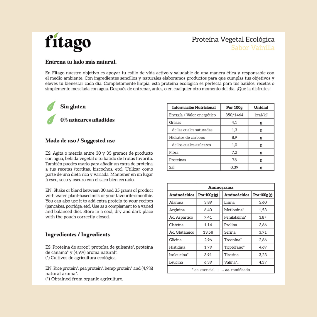 Proteína vegetal ecológica 78% - 1kg Sabor vainilla