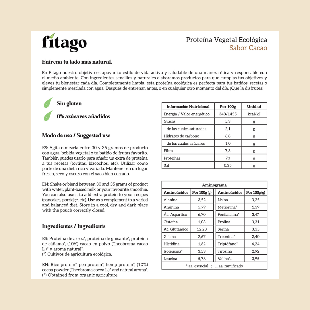 Proteína vegetal ecológica 73% - 1kg Sabor cacao