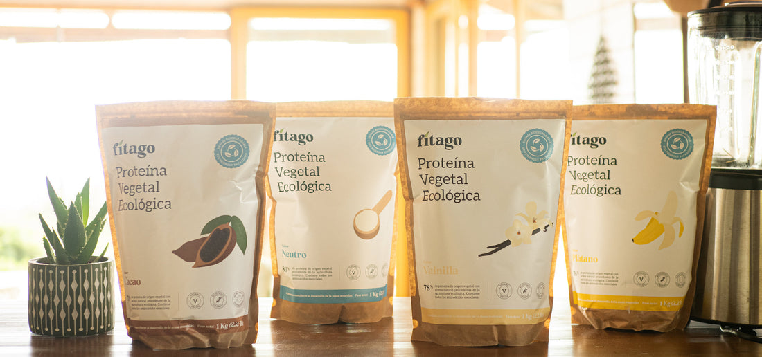 paquetes de proteína vegetale ecológica sobre barra de madera