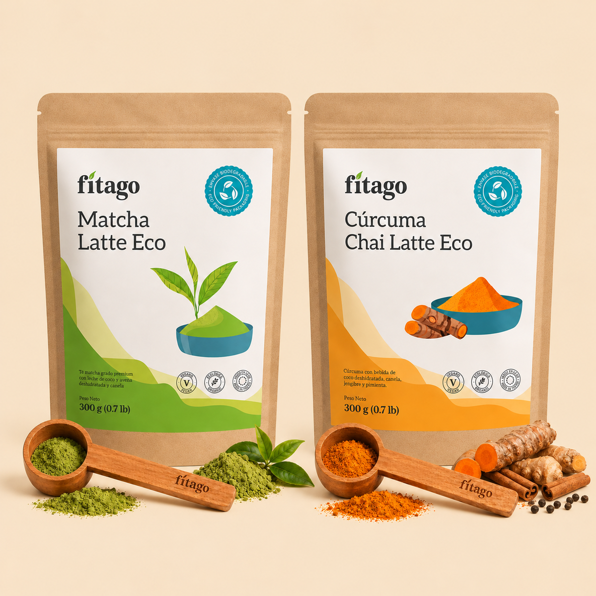 Pack de productos ecológicos matcha latte y curcuma chai latte (golden milk)