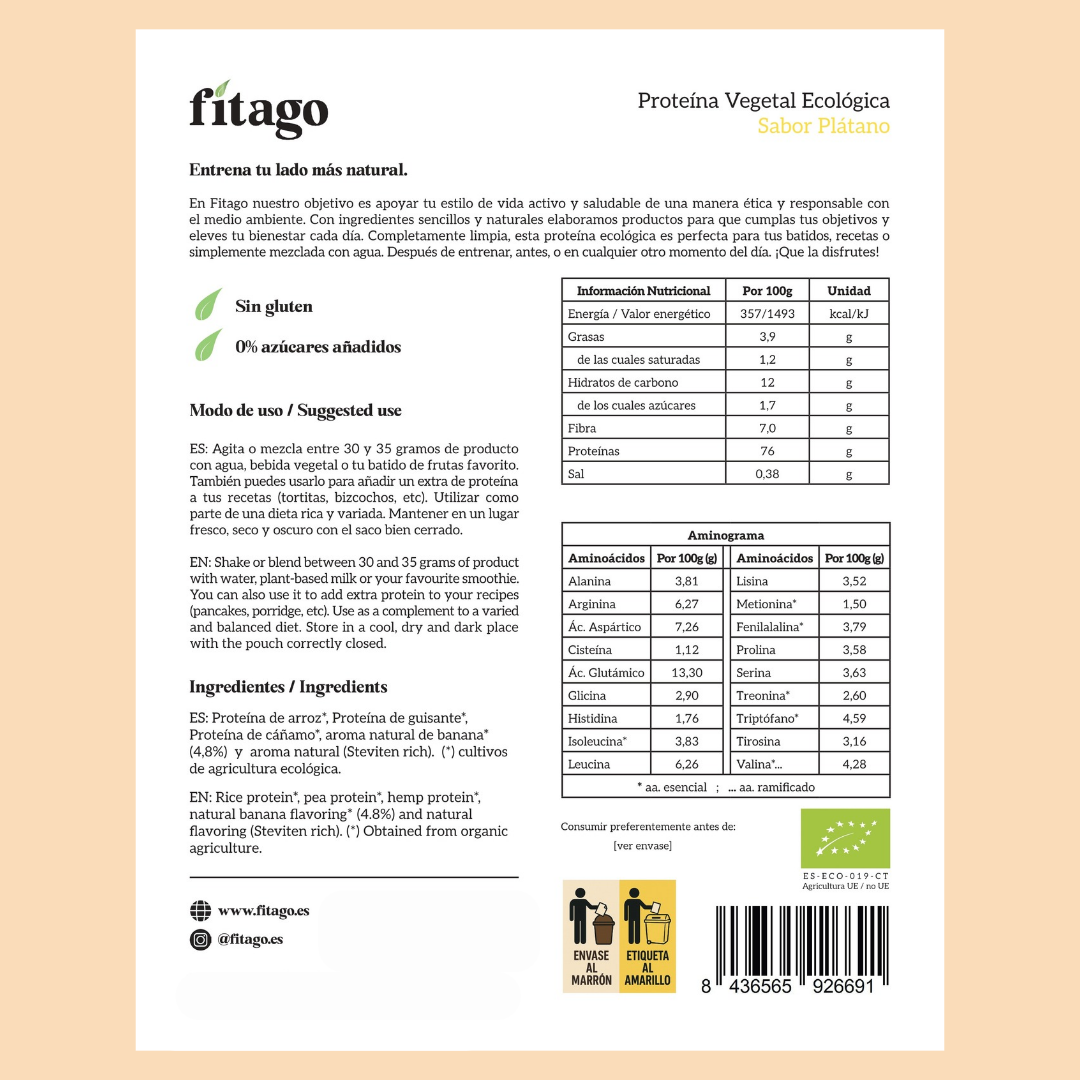 Proteína vegetal biológica 76% - Sabor a Banana