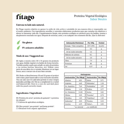 Proteína vegetal ecológica 80% - 1kg Sabor neutro
