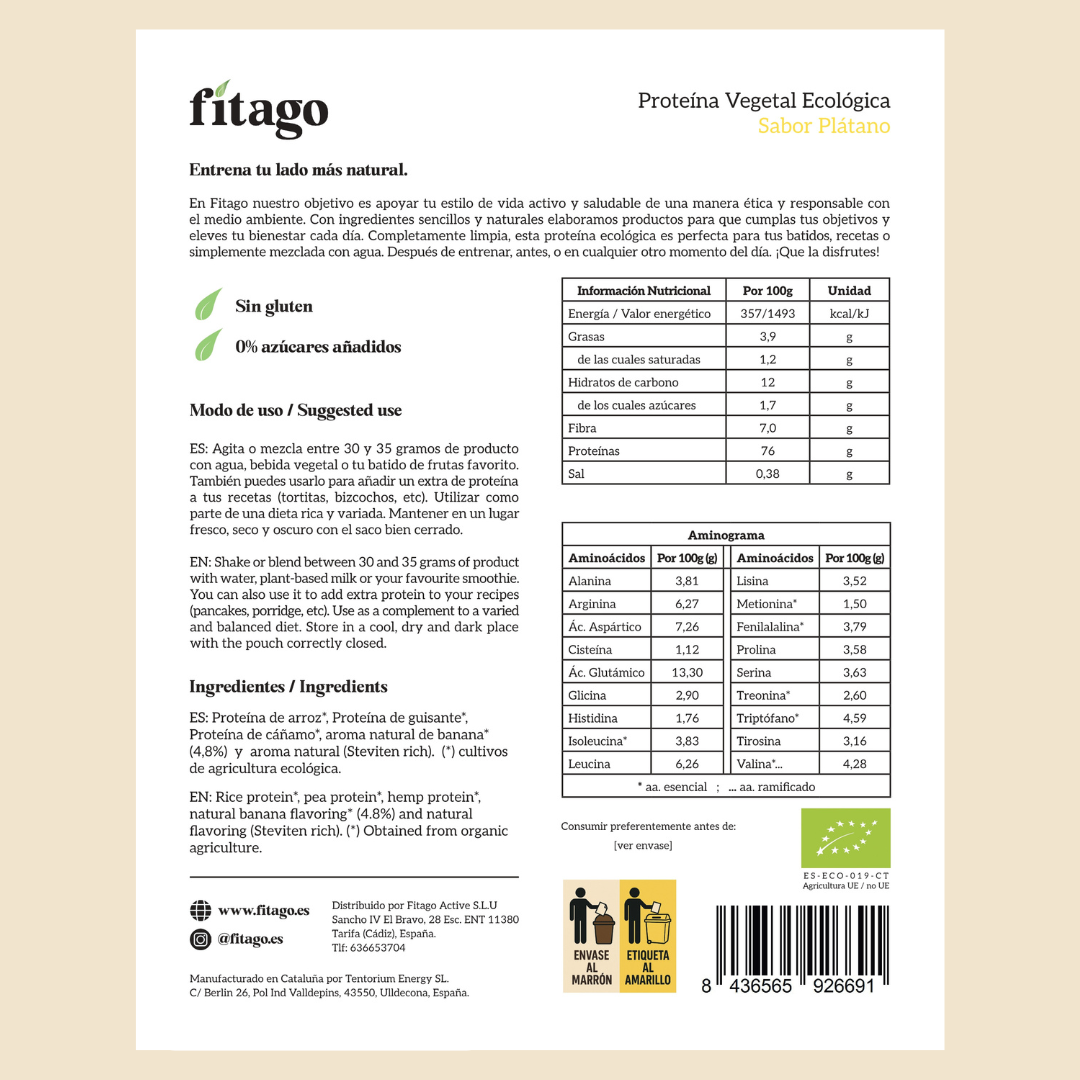 Proteína vegetal ecológica 76% - 1kg Sabor plátano