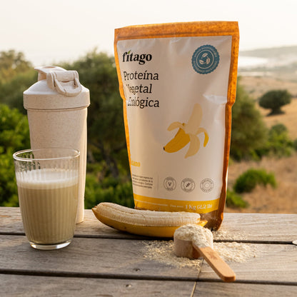 Presentación batido de proteína vegetal sabor plátano